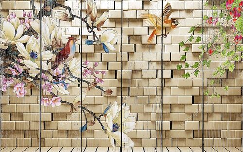 Кирпичная стена, птицы и сказочные цветы