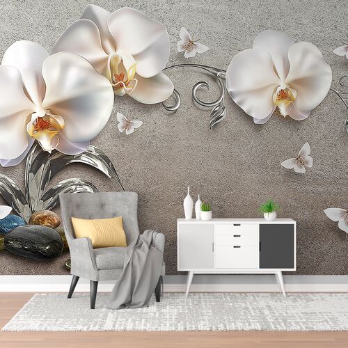 Фарфоровые орхидеи с бабочками на гранжевой стене