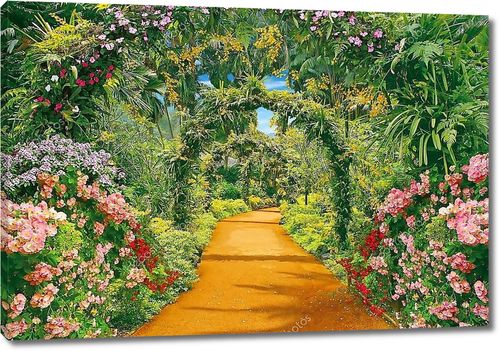 Аллея с цветами, цветущие деревья и Лиана арки