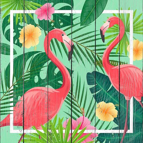 Фламинго на  тропическом фоне