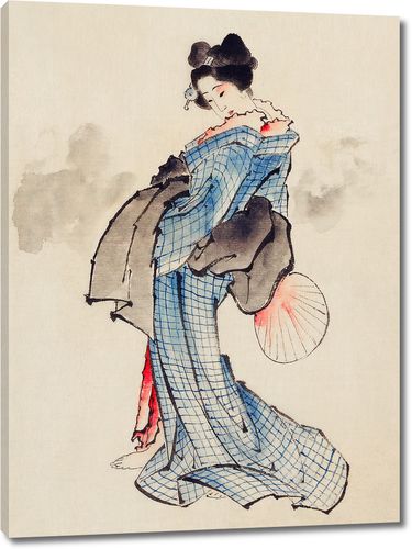 Женщина в кимоно с клетчатым рисунком