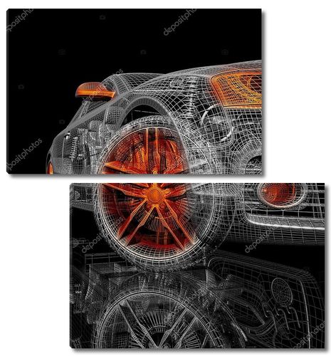 3D модель автомобиля на черном фоне.
