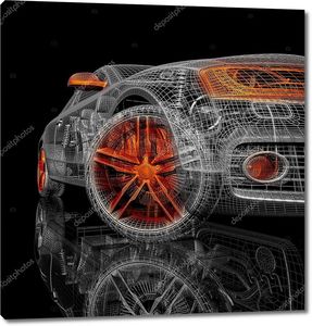 3D модель автомобиля на черном фоне.