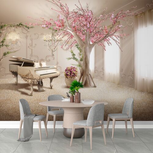 Комната с белым роялем и цветущей сакурой