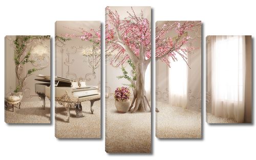 Комната с белым роялем и цветущей сакурой