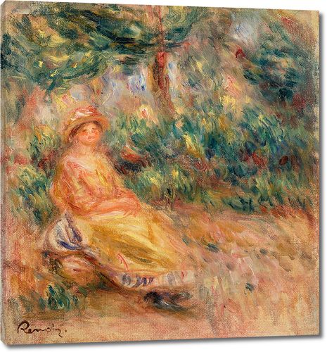 Женщина в розовом и желтом в пейзаже