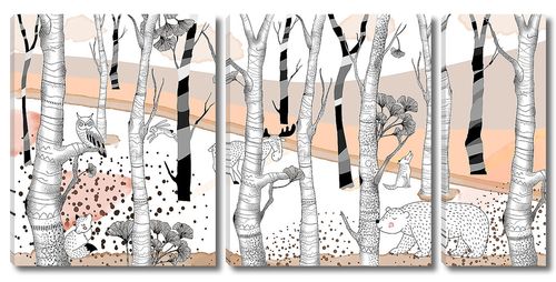 Woodland-рисованные звери в оранжевом лесу