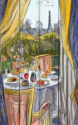 Рисунок кафе с видом на Эйфелеву башню