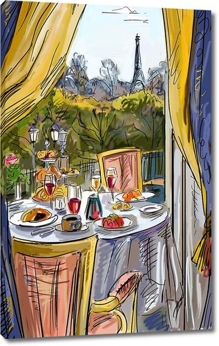 Рисунок кафе с видом на Эйфелеву башню
