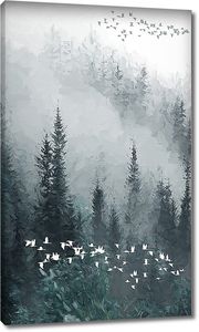 Птичьи стаи в туманном лесу