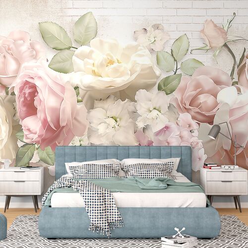 Пастельные розы на кирпичной стене