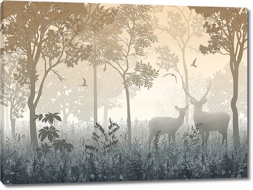 Туманный лес с оленями