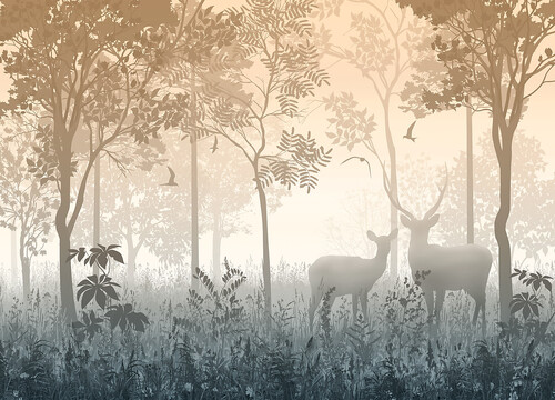 Туманный лес с оленями
