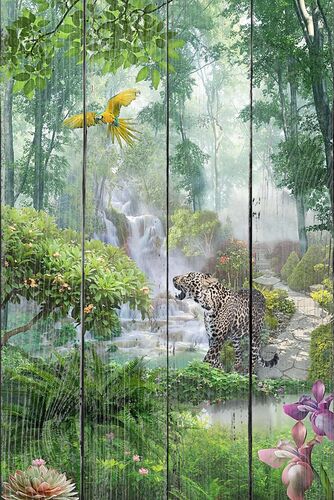Гепард и попугай в лесу у водопада