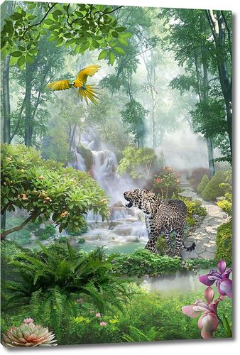 Гепард и попугай в лесу у водопада