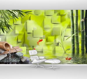 3D зеленый фон, бамбук, вода, Золотая рыбка