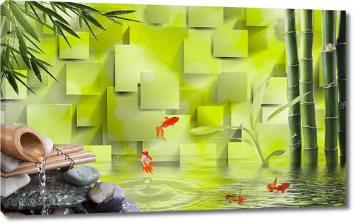 3D зеленый фон, бамбук, вода, Золотая рыбка