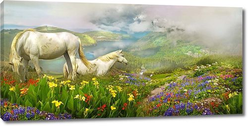 Две лошади на цветочной поляне