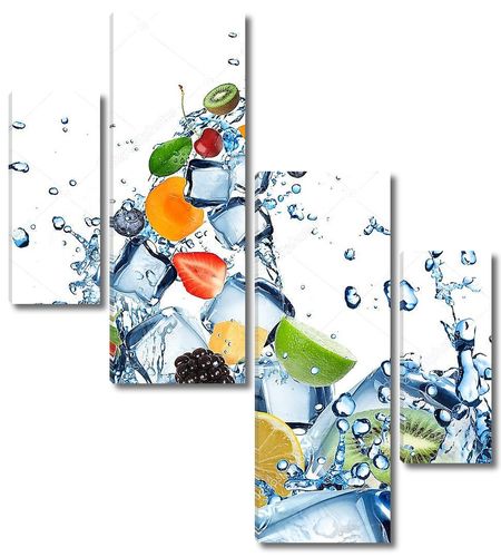 Свежие фрукты и всплеск воды с кубиками льда