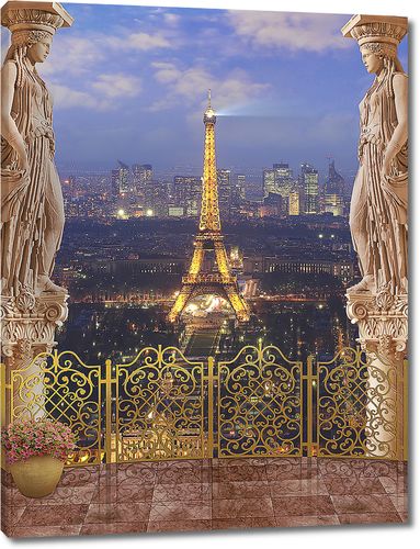 Вид с балкона на ночной Париж и Эйфелеву башню