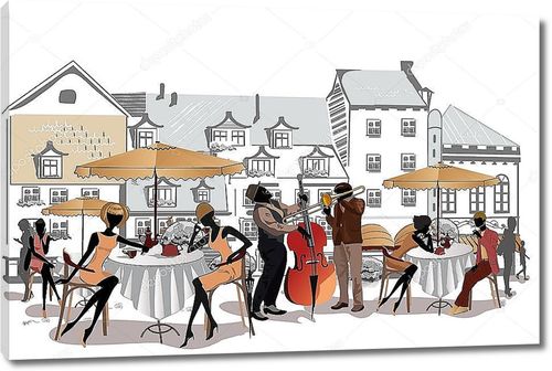 Эскиз с  красивым видом на Старый город с кафе