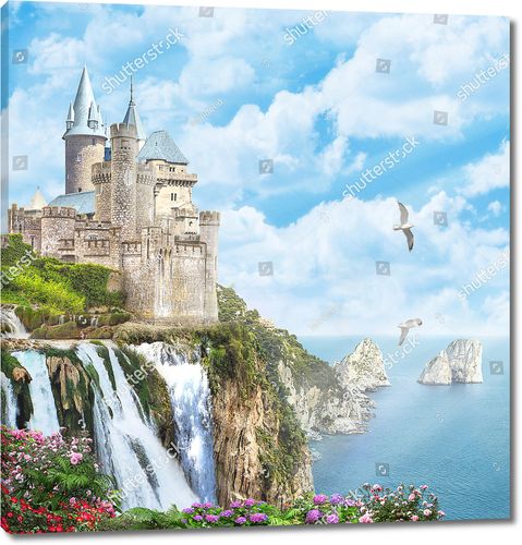 Замок на скалах с водопадами