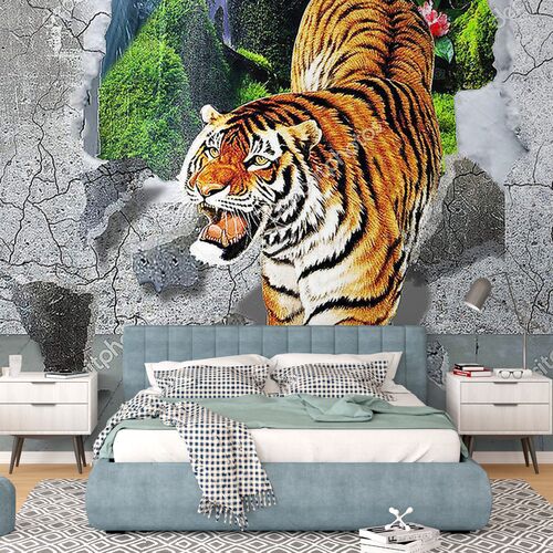 обои с тигром на стену в интерьере