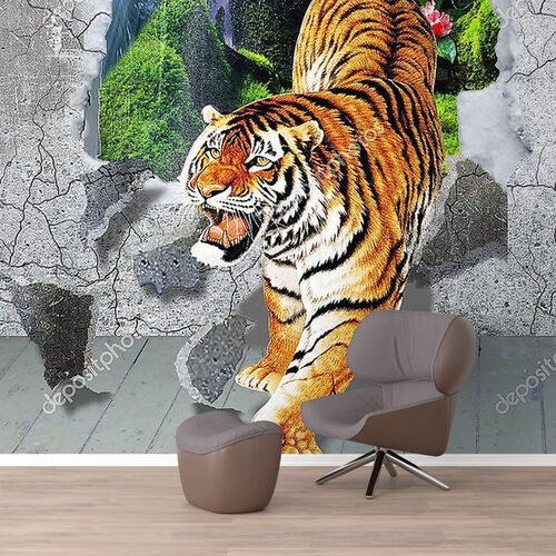 Тигр, выходящий из бетонной стены