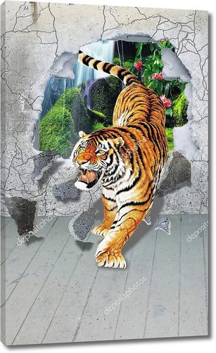 Тигр, выходящий из бетонной стены