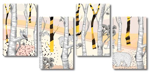 Woodland-рисованные звери в желтом лесу