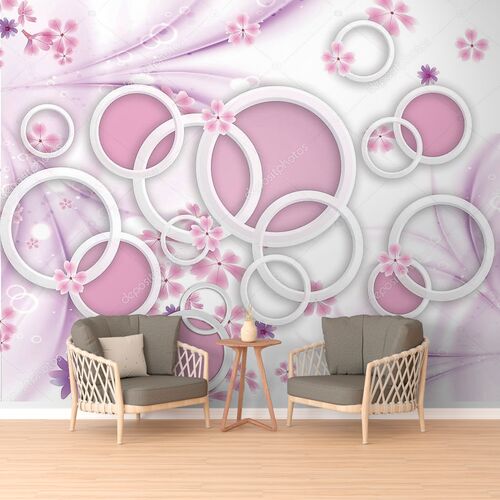 3D-розовый фон с цветами и белыми кольцами