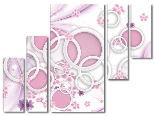 3D-розовый фон с цветами и белыми кольцами