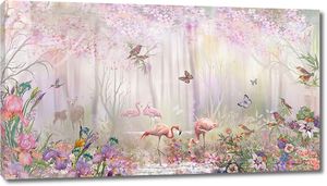 Фламинго на озерце в цветах