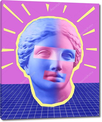 Плакат современного концептуального искусства с голубым фиолетовым красочным бюстом Венеры. Коллаж современного искусства
.