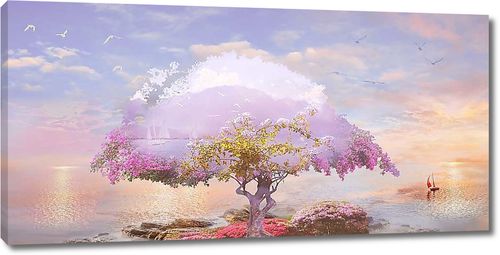 Волшебное дерево на острове на фоне парусников