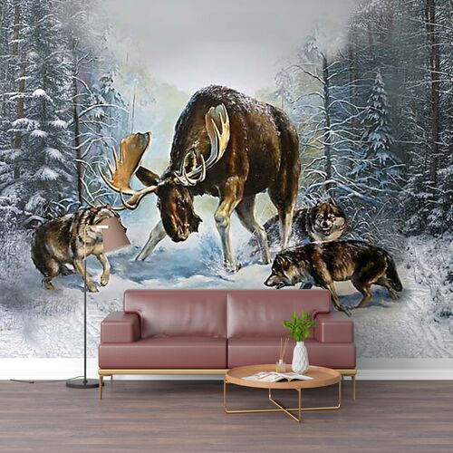 Лось и стая волков в снежном лесу