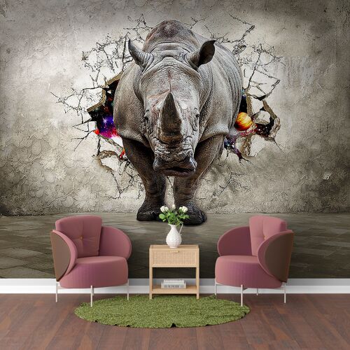 Носорог в стене со звездным небом в проломе