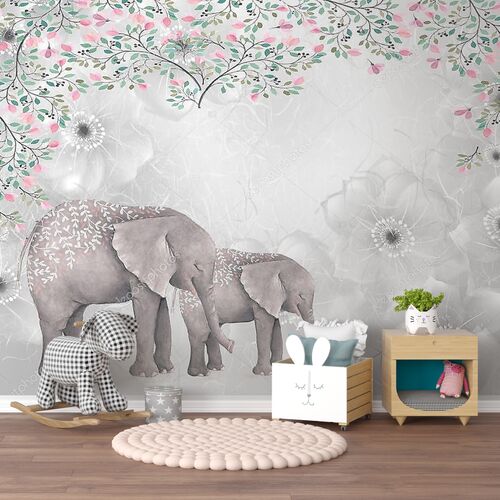 Слониха со слоненком в цветах