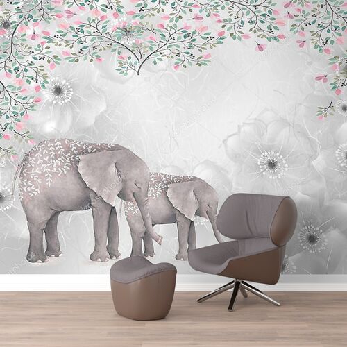 Слониха со слоненком в цветах